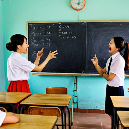 Home 20 **
>Two teachers dynamically interacting in a vibrant Vietnamese classroom. One is enthusiastically explaining theory at the blackboard, while the other engages students in a lively role-playing activity nearby. Focus on creating a collaborative and engaging learning environment.
>
**