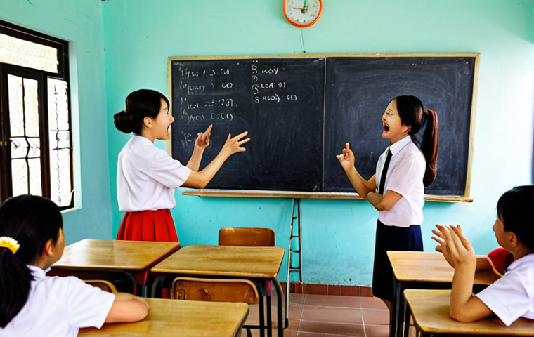 **

>Two teachers dynamically interacting in a vibrant Vietnamese classroom. One is enthusiastically explaining theory at the blackboard, while the other engages students in a lively role-playing activity nearby.  Focus on creating a collaborative and engaging learning environment.
>

**