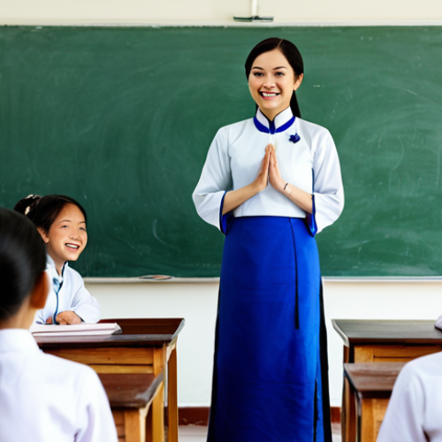 Home 19 **Image Prompt:** A Vietnamese teacher in ao dai, standing confidently in front of a classroom of engaged students. Bright and airy classroom with traditional Vietnamese decorations. Students are participating in a group activity, smiling and collaborating. *perfect anatomy*, *natural proportions*, *family-friendly*, *appropriate content*, *fully clothed*, *professional*, safe for work, high resolution, detailed background.