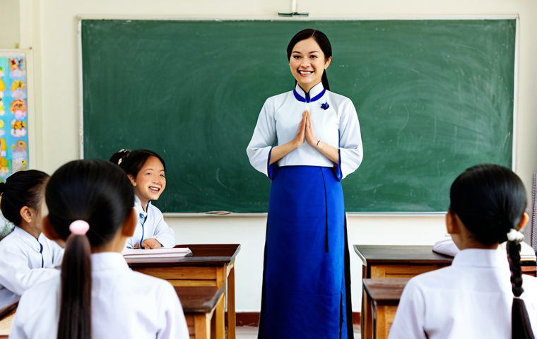 **Image Prompt:** A Vietnamese teacher in ao dai, standing confidently in front of a classroom of engaged students. Bright and airy classroom with traditional Vietnamese decorations. Students are participating in a group activity, smiling and collaborating. *perfect anatomy*, *natural proportions*, *family-friendly*, *appropriate content*, *fully clothed*, *professional*, safe for work, high resolution, detailed background.